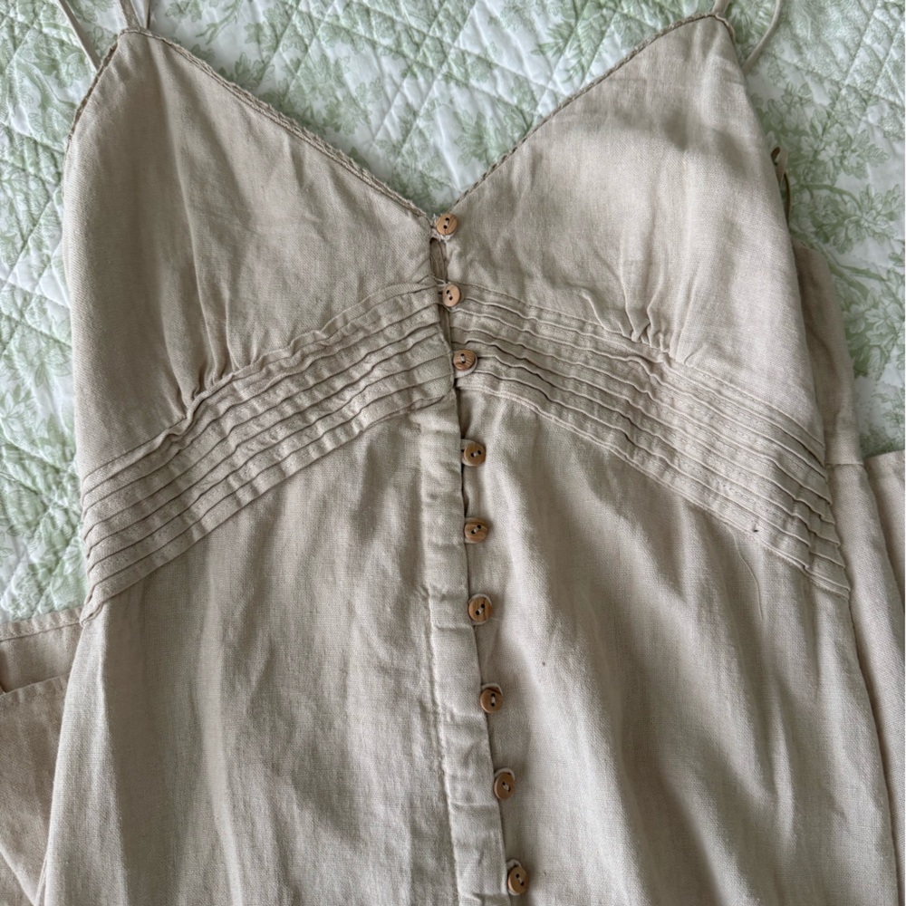 Women's Beige Button-Up Dress with Split MidiSkirt